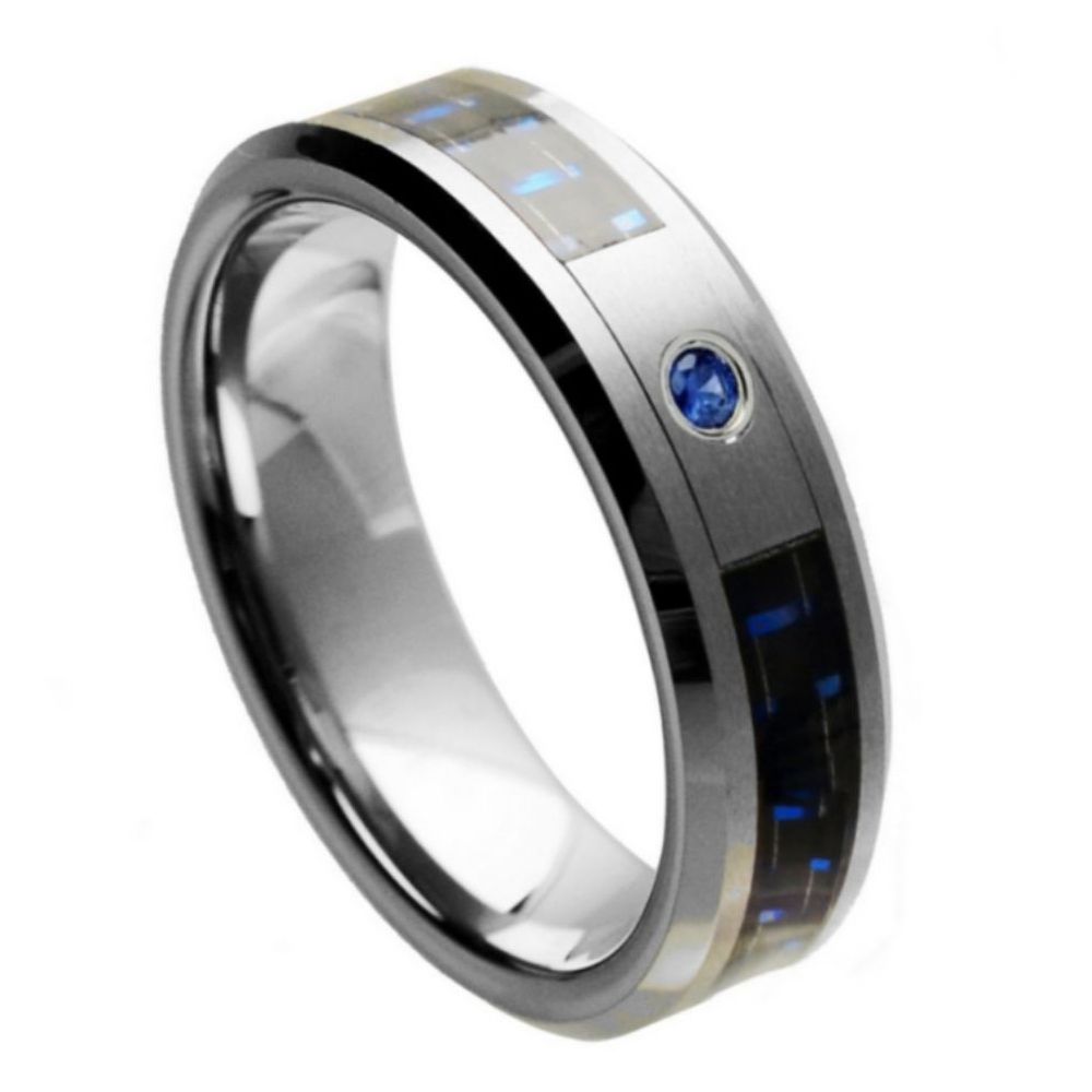 Tungsten ring black and blue carbon fibre inlay – 6mm brushed centre ...